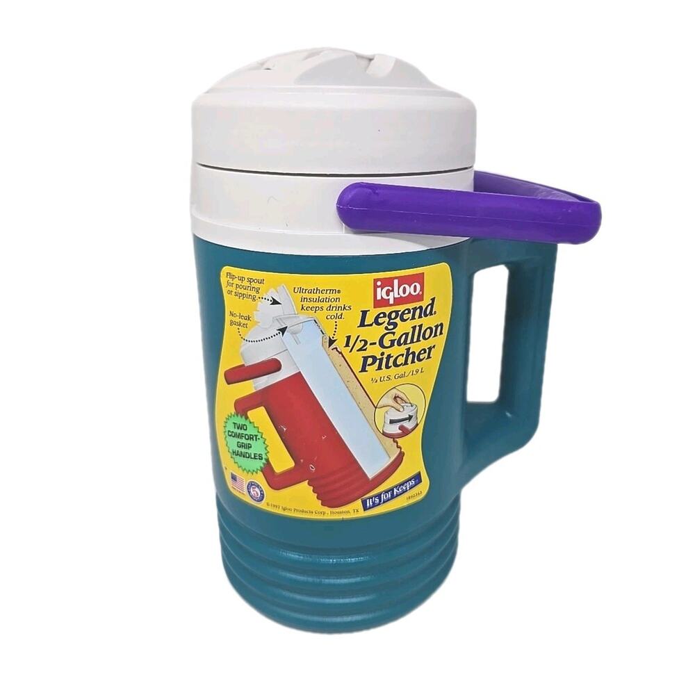 Vintage 1997 Igloo Legend Flip Spout Jug Green Purple Half Gallon Pitcher U135